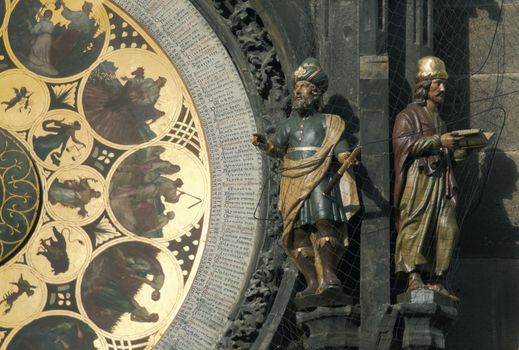 Sculptures and decor of Astronomical Clock located on the wall of the Prague City Hall.