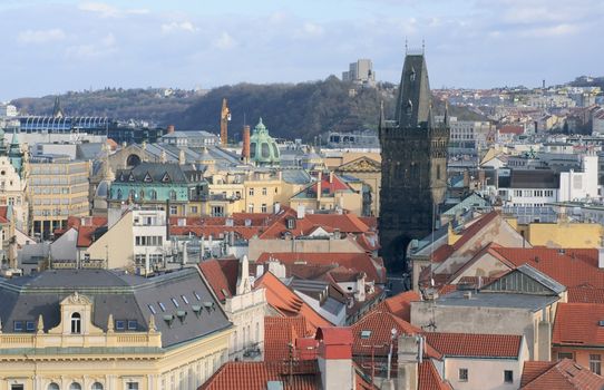 Panorama of the old part of Prague on a bright autumn day