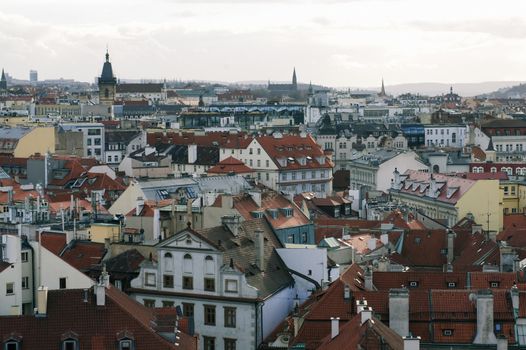 Panorama of Prague at sunset on a bright autumn day