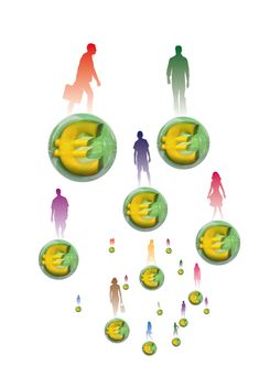 Silhouettes of several people standing on a ball embedded in euros in 3 dimensions