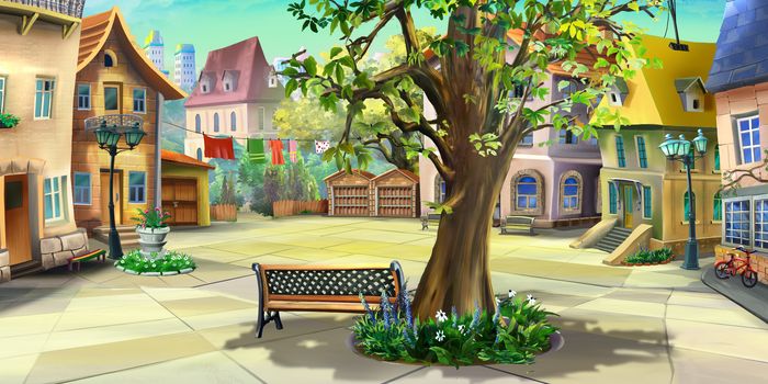 Digital painting of a small courtyard in the city. Summer day view with a houses, trees and bench. Long shot.