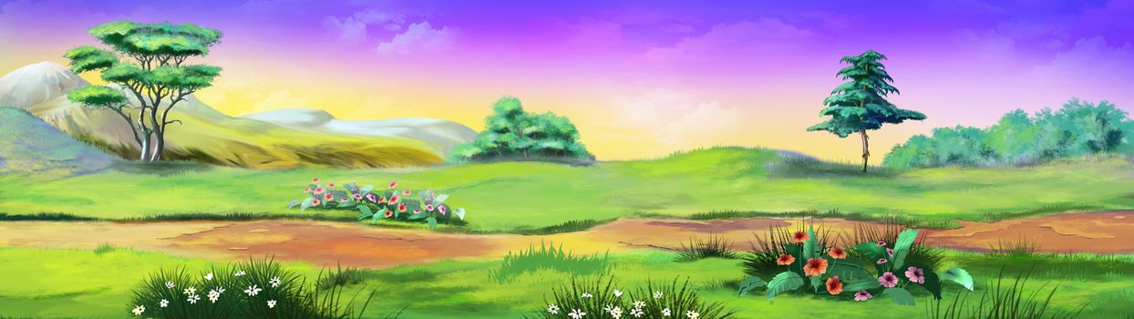 Digital painting of the landscape with trees and flowers. Panorama. Image 01