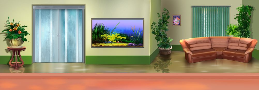 Digital painting of the Office interior with houseplants, picture and sofa. Panorama view.