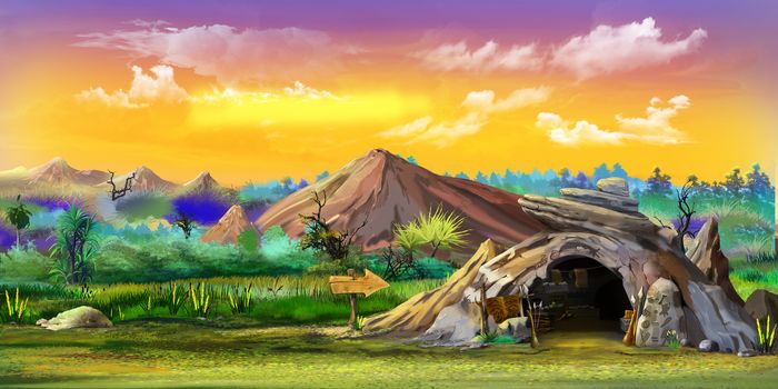 Digital painting of Stone cave in prehistoric times in Africa. Summer day view with a stones, trees and mountains. Long shot.