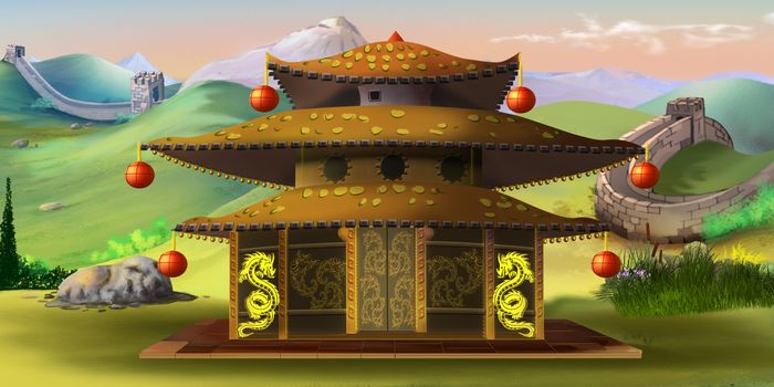 Digital painting of the Chinese Pagoda with Great Wall on the background.