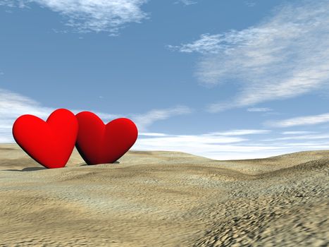 Two red hearts loving each other on the beach sand by day - 3D render