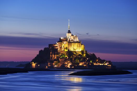 View of Mont-Saint-Michel by night, France.