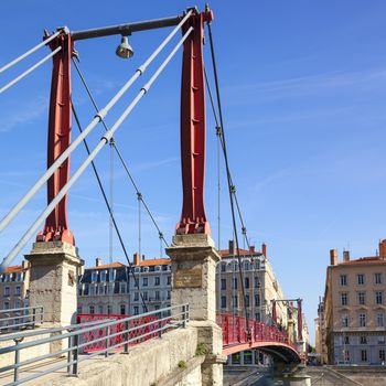 Famous red footbridge in Lyon, France, Europe.