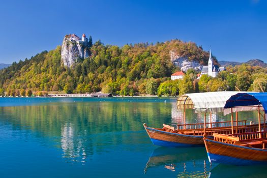 Traditional wooden boats on lake Bled in autumn, with the rocktop castle in the background. Slovenia