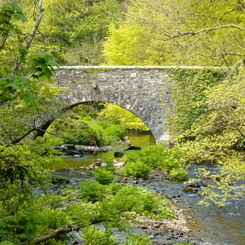 Old stone bridge spanning a river and surrounded by green leaved trees in springtime.