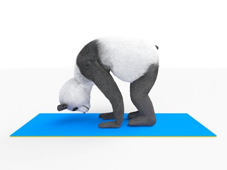 tilt body forward. Panda leans forward and pulled his head to floor. Stretching the muscles of the back on a rug