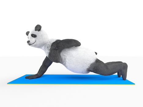 Stand on one arm. other hand curled behind his back. Panda is pushed on a mattress blue.