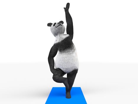 Panda stands on one leg and stretches his hand up to the sky