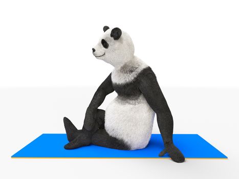 character panda resting after exercise. athlete sits on an ass a blue elastic mat for stretching. respite and break between sports and yoga.