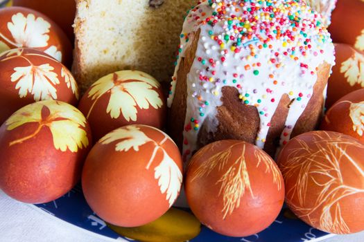 Photo of background with Easter eggs and Kulich