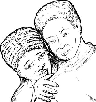 Outline of loving young African couple over white background