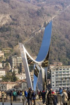 Como, Italy, january 1st 2016: Life Electric (also known as The Life Electric) is a contemporary sculpture, dedicated to the physicist Alessandro Volta (1745-1827). Completed in 2015 it is located in Como, Italy. Life Electric was designed by Daniel Libeskind, and was a gift to Como, the city where the architect located his “Summer Session” school of architecture, in 1988. The sculpture was commissioned by the non profit association “Gli amici di Como”. The design of the fountain illustrates the evolution of modern architecture that took place over the period from 1920s to modern days, with the emergence of Rationalism. Libeskind’s creation has carried on the tradition of contemporary art in Como, and raised it's profile.