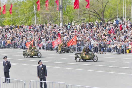 Samara, Russia - May 9, 2015: Russian military motorcycles at the parade on annual Victory Day
