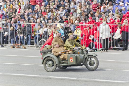 Samara, Russia - May 9, 2015: Russian military motorcycles at the parade on annual Victory Day
