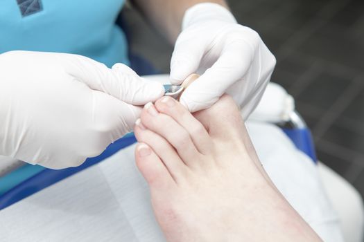 Cutting toe nails by pedicure in closeup
