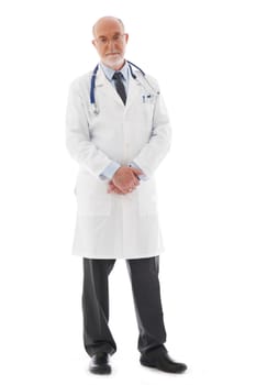 Full length portrait of a mature doctor isolated on white background