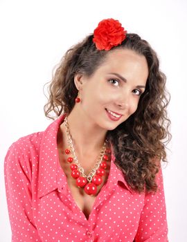 young girl with a red necklace on a white backgroun