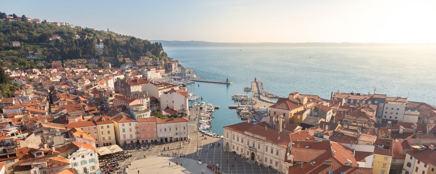 Picturesque old town Piran - beautiful Slovenian adriatic coast. Aerial view of Tartini Square. Panoramic view.