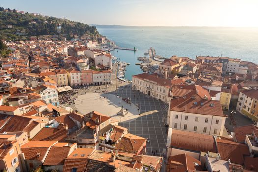 Picturesque old town Piran - beautiful Slovenian adriatic coast. Aerial view of Tartini Square.