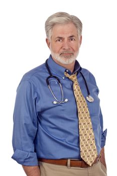 Vertical portrait of a casual dressed doctor on white background.