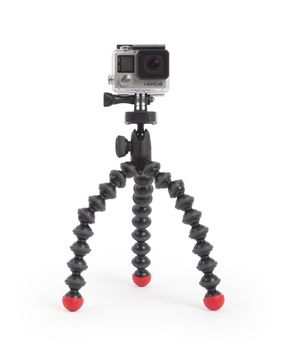 Amsterdam, the Netherlands - June 30, 2015: GoPro Hero 4 Black Edition isolated on white background, GoPro is a brand of high-definition personal cameras, often used in extreme action video photography.