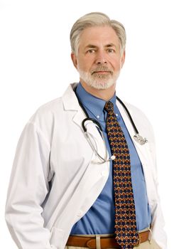 Portrait of a senior experienced doctor on white background