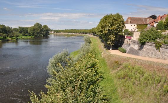 View from the bridge carrying the Canal de Roanne a Digoin across the River Loire, at Digoin in Burgundy. The Voies Verte cycle route crosses the bridge.