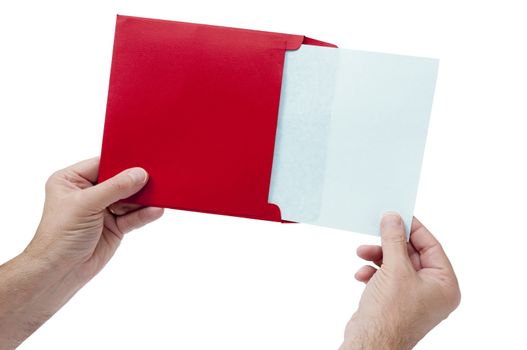 Man holding blank note while holding red envelope. On white background