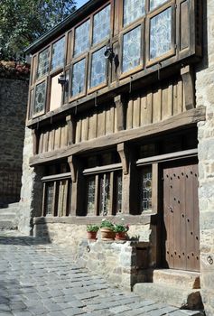 A medieval half-timbered building in theRue du Petit Port, in the ancient french town of Dinan in Brittany.