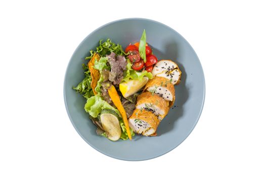Modern style salad with roasted chicken breast roll