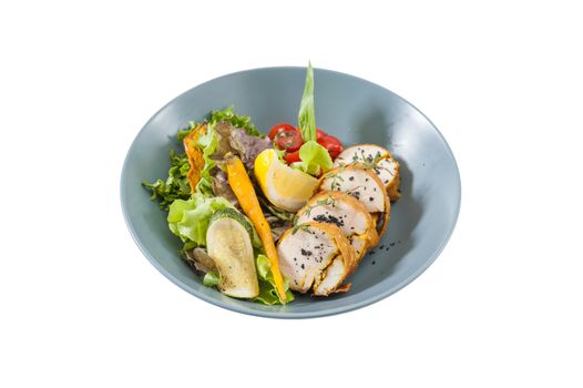 Modern style salad with roasted chicken breast roll