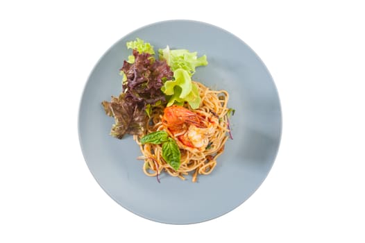 Pasta with Australia tiger prawn in Thai spicy style isolated on white background with clipping path