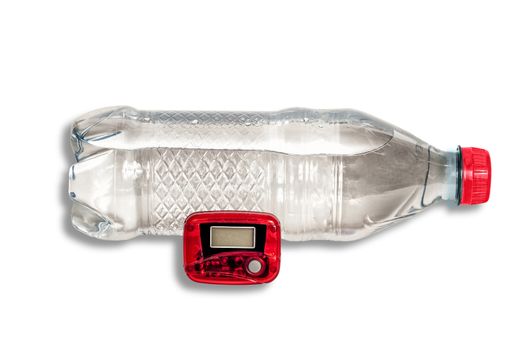 Water bottle with red pedometer.  On white background