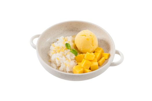 Mango with sticky rice and mango sherbet ice cream in ceramic bowl isolated on white background with clipping path