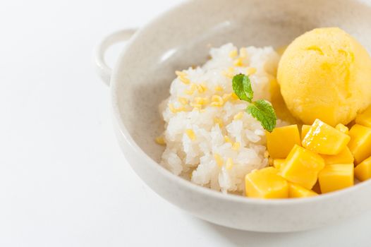 Mango with sticky rice and mango sherbet ice cream in ceramic bowl
