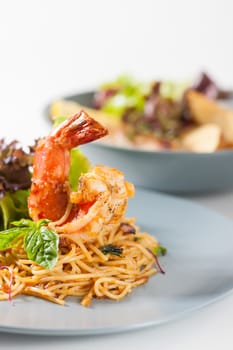 Pasta with Australia tiger prawn in Thai spicy style