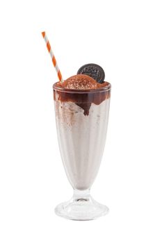 Milk shake with coffee ice cream topping with cocoa powder like Tiramisu dessert in glass isolated on white background with clipping path