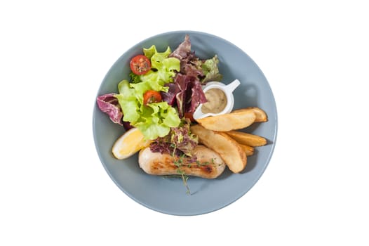 Grilled sausage with fried potatoes and salad isolated on white background with clipping path