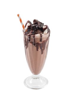 Hot fudge brownie milk shake, chocolate milk shake with brownie and marshmallow topping with chocalate sauce isolated on white background with clipping path