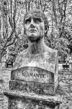 Bust statue of Donato Bramante (1444 – 11 March 1514) famous Italian architect who introduced Renaissance architecture to Milan and the High Renaissance style to Rome. Sculpture in Villa Borghese park, Rome