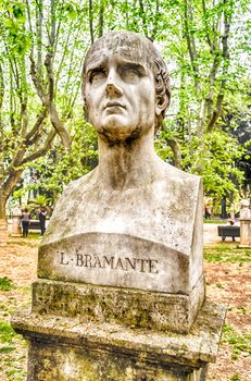 Bust statue of Donato Bramante (1444 – 11 March 1514) famous Italian architect who introduced Renaissance architecture to Milan and the High Renaissance style to Rome. Sculpture in Villa Borghese park, Rome