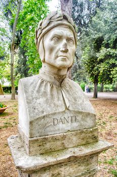 Bust statue of Dante Alighieri (1265–1321), a major Italian poet of the late Middle Ages, author of the Divine Comedy, a masterpiece of world literature. Sculpture in Villa Borghese park, Rome