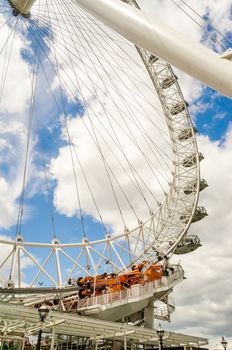 LONDON - MAY 28: The Coca-Cola London Eye on May 28, 2015. The ferris wheel is 135 metres (443 ft) tall and the wheel has a diameter of 120 metres (394 ft)