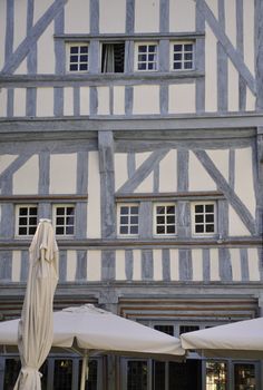 Medieval half-timbered buildings in the ancient french town of Dinan in Brittany.