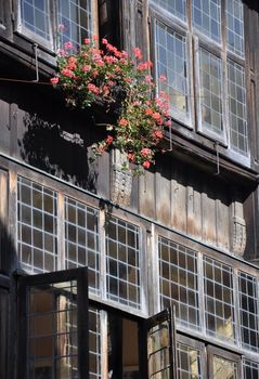 Medieval half-timbered buildings in the ancient french town of Dinan in Brittany.